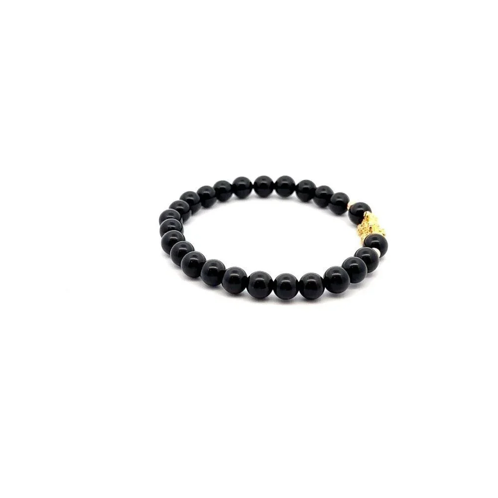 18K Gold Dragon Pixiu Piyao Lucky Charm Beads Bracelet Gemstones Onyx 6mm Size 6 - Picture 5 of 5